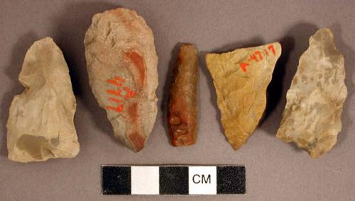 Chipped stone, projectile points, triangular and ovate; prismatic blade, retouched