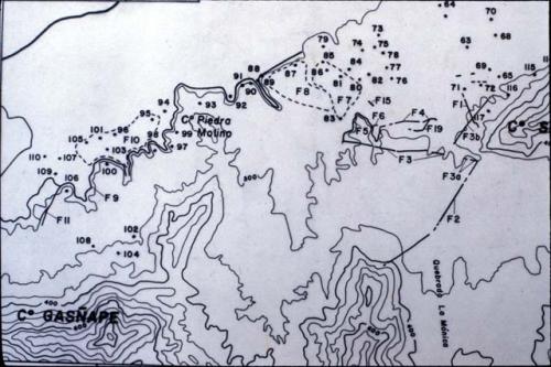 Topographic map of area around Piedra Molino and Quebrada la Monica with sites and features