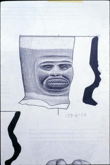 Drawing of ceramic jar neck with face from Site 133 (133-6-C6)