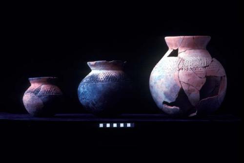 Short everted neck jars with press molded lines and dots from Sites 107 and 94