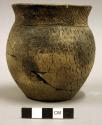 Ceramic vessel, mended, flared rim, incised and impressed designs