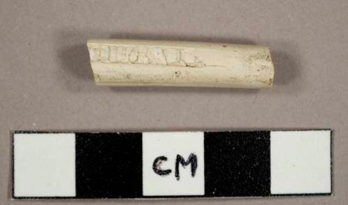 White kaolin pipe stem fragment with "ougall" stamped on one side and "VILRDS' stamped on the other side