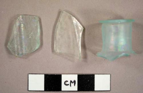 Aqua glass pharmaceutical bottle fragments, including lip and neck