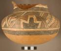 Ceramic partial vessel, slightly flared neck, black/white on red