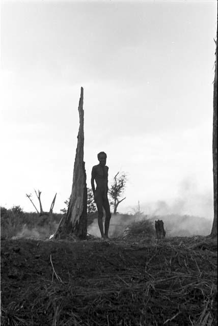 An elderly man stands in his garden