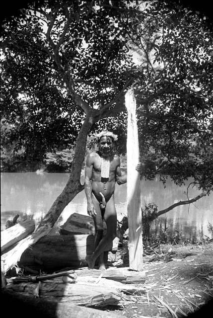 Man with lumber under a tree by the river