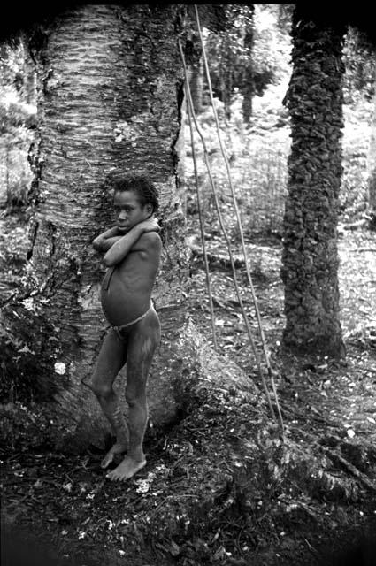 A child stands and watches others set up camp in the Sien Forest