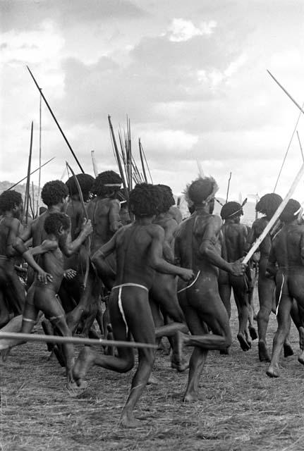 The backs of men as they dance at an Etai, many with spears in hand