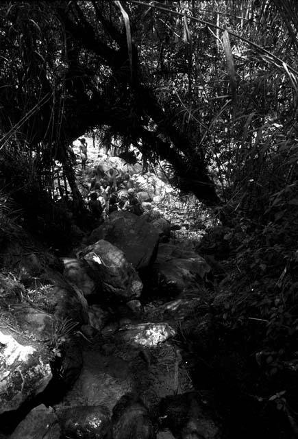 Distant shot through trail of women at work in the salt well