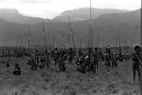 Large rear group seated and waiting to go into action, spears sticking up all around them