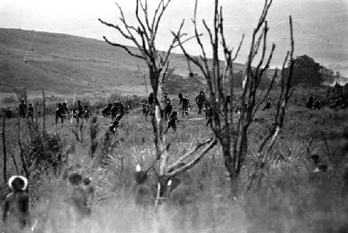 Willihiman-Wallalua warriors attack the Wittaia warriors, seen beyond in the middle ground; taken from behind trees