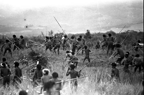 Many Willihiman-Wallalua warriors attack the Wittaia warriors, seen beyond in the middle ground
