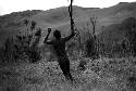 A man jumping exultantly while looking towards the shrubbery to the east of the Tokolik