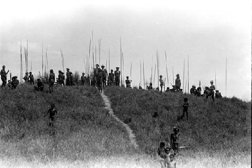 A large group of men standing on top of a hill, spears all around