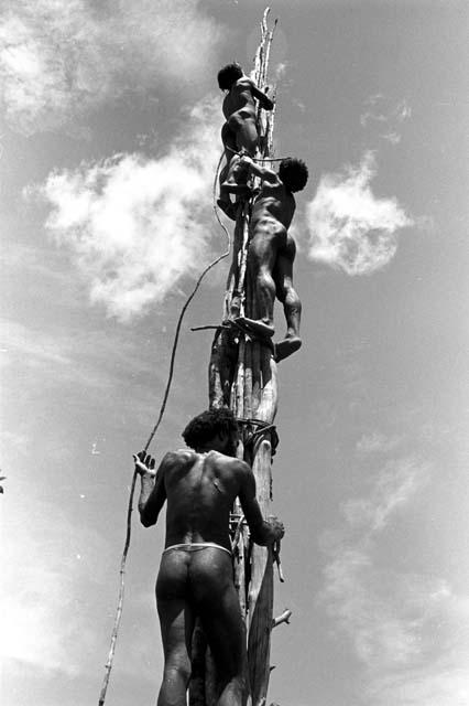 man on pole; man beneath it helping