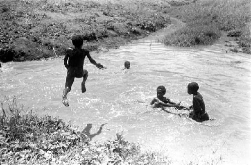 Boys swimming in a pool of water in the Alima sili's gardens