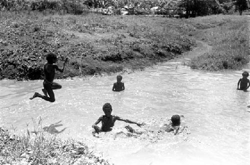 Boys swimming in a pool of water in the Alima sili's gardens