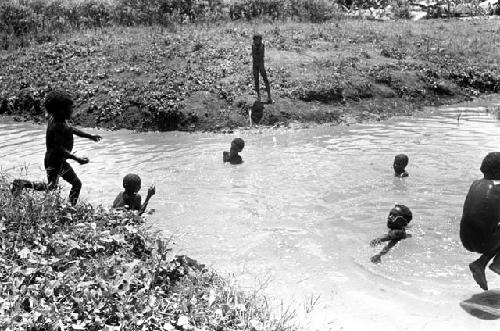 Boys swimming in a pool of water in the Alima sili's gardens