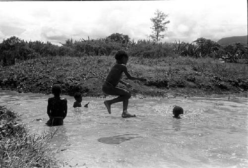 Boys swimming in a pool of water in the Alima sili's gardens