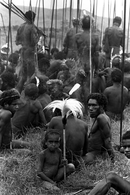 Seated group of warriors, long spears all around