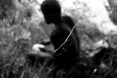 Spider and web in the foreground, man works on something in the background