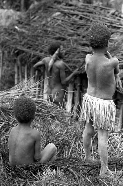 Children watch as a man tears apart an old hunu in Abukulmo