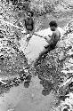 Boys sit by an irrigation ditch