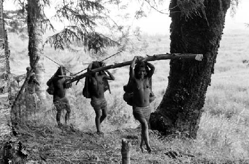 Women carrying large poles past Homoak