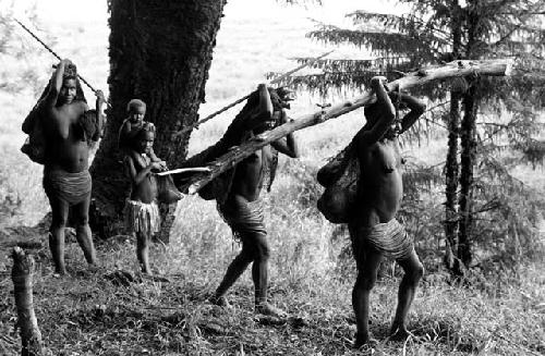 Women carrying large poles past Homoak