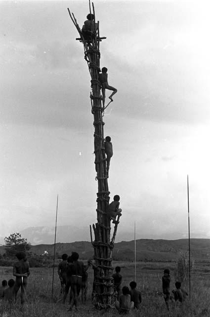 Men and boys stand around and on a kaio while watching the distant battle