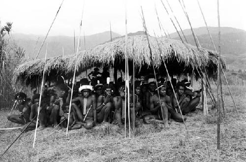 Men sit under an oléa on the Liberek, their spears around them