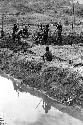 Men working in a field beside an irrigation ditch