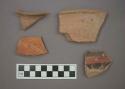 Ceramic rim and body sherds, one body sherd with black and red painted design