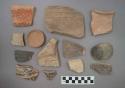 Ceramic sherds, some have raised or painted designs