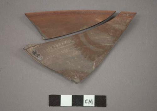 Ceramic rim sherds of bowl, red painted designs, incised designs on exterior