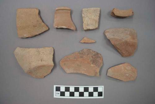 Ceramic rim, base, and body sherds, some with pigment