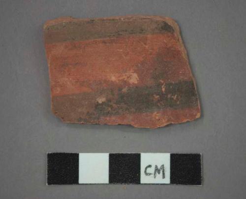 Ceramic rim sherd of bowl?, interior painted buff, black bands on red on exterior