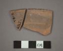 Ceramic rim sherds of bowl?, painted design on interior, will mend together