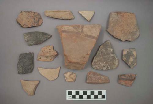 Ceramic sherds, some with painted designs, some plain, some burnished, one mended