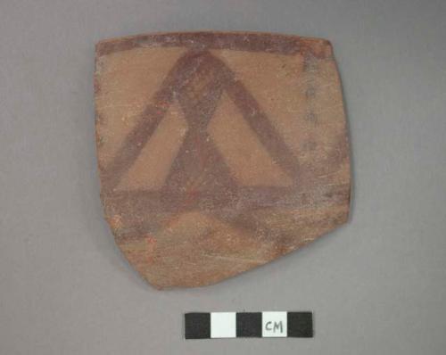 Ceramic rim sherd of bowl, red painted designs on red on exterior, red interior