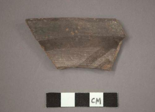 Ceramic rim sherd of bowl, black painted designs on dark pigment on interior, buff? on brown on exterior