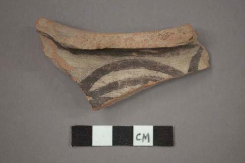 Ceramic rim sherd of jar, black painted designs on buff on exterior