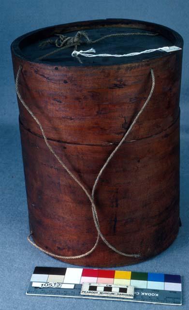 Round Wooden Hat Box (a) with Lid (b) and Child's Decorated Silk Hat (c)