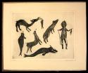 Untitled drypoint of hunter with fish, seal, wolf