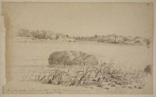 "Dighton Rock on Taunton River, Massachusetts. Looking north. High tide."