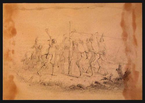 Pencil sketch of Indians Exercising