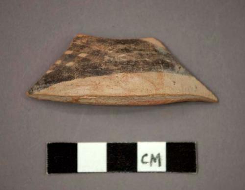 Ceramic body sherd, red ware, black painted designs on buff on exterior