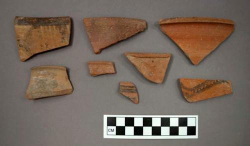 Ceramic rim or body sherds, some sherds have painted designs on exterior, one sherd has incised designs on exterior