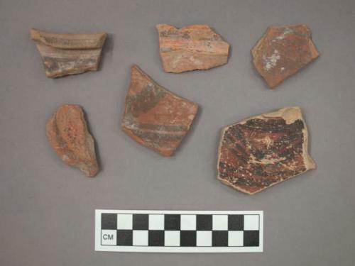 Ceramic body or rim sherds and one base sherd, painted designs on exterior