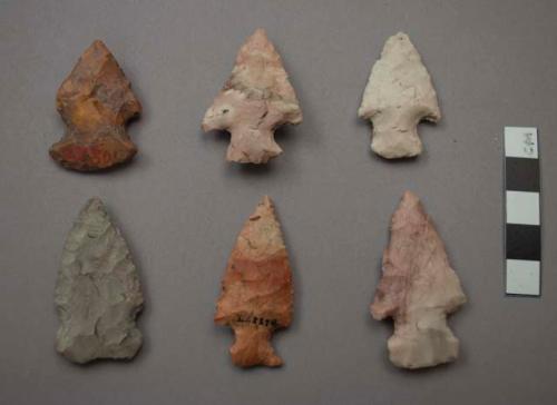 Stone projectile points, some stemmed some notched